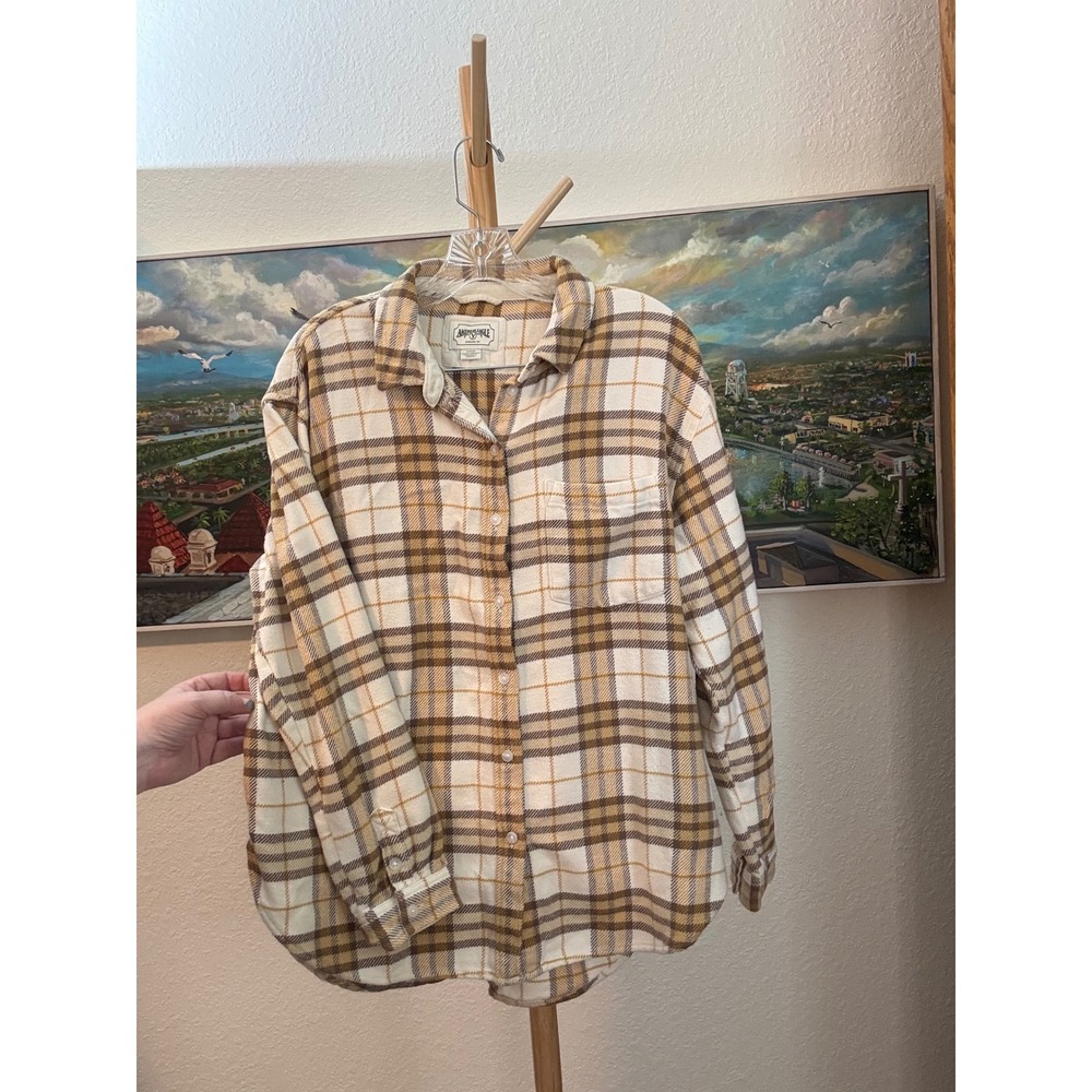 American Eagle Plaid Flannel Shirt Women Small Brown Tan Button Down Long Sleeve